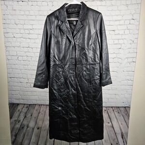 Centigrade Leather Black Long Trench Coat Jacket Womens Small Matrix Goth Coat
